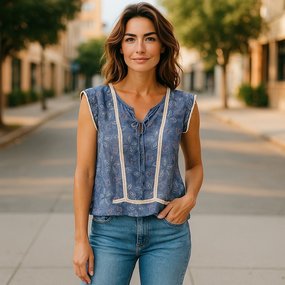 Umgee Blue Tie Front Relaxed‎ Blouse